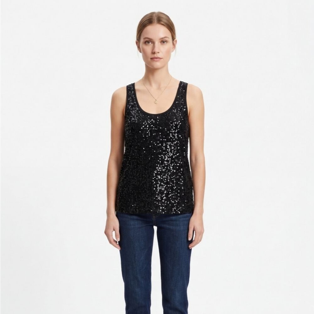 J. CREW Black Sequin Scoop Neck Sparkle Tank Top L Party Bling Glam 90s Goth